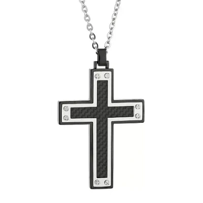 Fine Jewelry Mens Stainless Steel & Black Ip W/carbon Fiber Inlay Cross Pendant Necklace In Multi