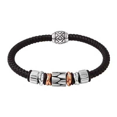 Fine Jewelry Mens Stainless Steel And Black Leather Bracelet In Silver