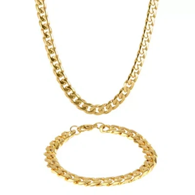 Fine Jewelry Mens Stainless Steel & Gold-tone Ip 10mm Curb Chain & Bracelet Boxed Set In Yellow
