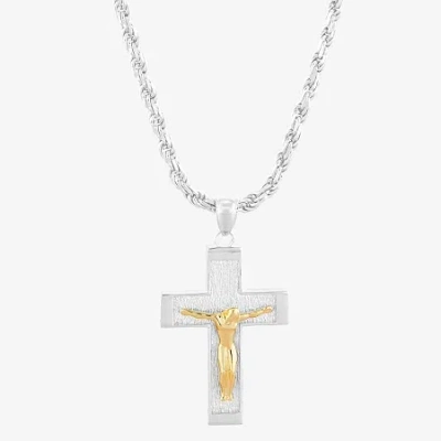 Fine Jewelry Mens Sterling Silver & 18k Gold Over Silver Crucifix Cross Pendant Necklace In Transparent