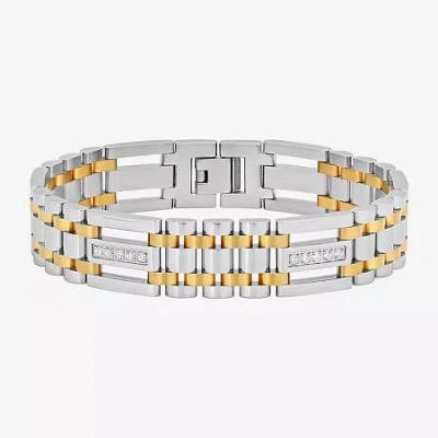 Fine Jewelry Mens Two-tone Stainless Steel Cubic Zirconia Bracelet In Transparent