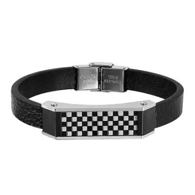Fine Jewelry Mens Two-tone Stainless Steel Leather Bracelet In Multi