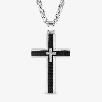 Fine Jewelry Mens White Cubic Zirconia Stainless Steel Cross 24 Inch Pendant Necklace In Transparent