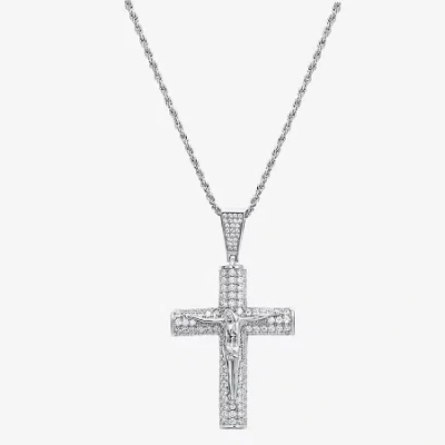 Fine Jewelry Mens White Cubic Zirconia Sterling Silver Cross 24 Inch Pendant Necklace In Transparent