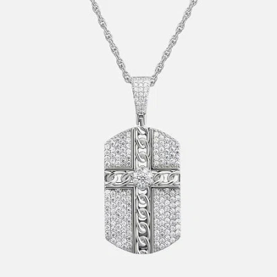 Fine Jewelry Mens White Cubic Zirconia Sterling Silver Cross Dog Tag 24 Inch Pendant Necklace In Transparent