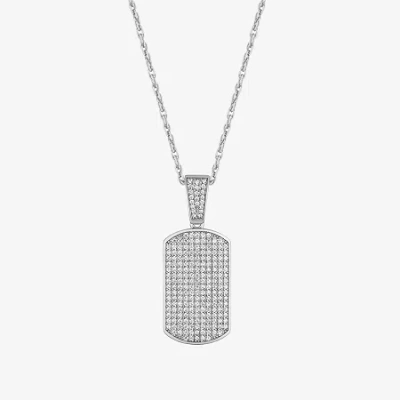 Fine Jewelry Mens White Cubic Zirconia Sterling Silver Dog Tag 24 Inch Pendant Necklace In Transparent
