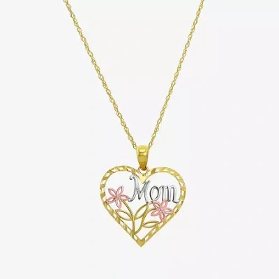 Fine Jewelry "mom" Womens 10k Tri-color Gold Heart 18 Inch Pendant Necklace In Transparent