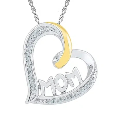 Fine Jewelry "mom" Womens 1/10 Ct. T.w. Natural White Diamond 10k Gold Over Silver Heart 18 Inch Pendant Necklace In Multi