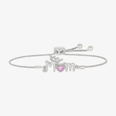 Fine Jewelry Mom Womens Diamond Accent Lab Created Pink Sapphire Sterling Silver Crown Heart Bolo Bracelet In Transparent