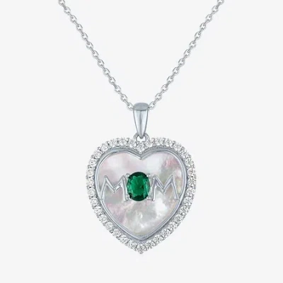 Fine Jewelry "mom" Womens Lab Created Green Emerald Sterling Silver Heart 16 Inch Pendant Necklace In Transparent
