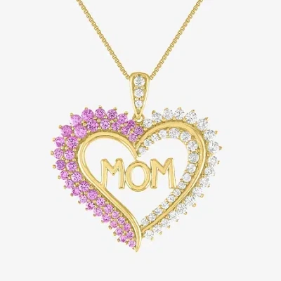 Fine Jewelry "mom" Womens Lab Created Pink Sapphire 14k Gold Over Silver Heart 18 Inch Pendant Necklace In Transparent