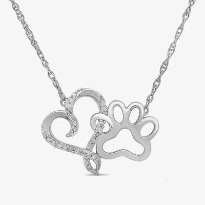 Fine Jewelry Paw Print Womens 1/10 Ct. T.w. Natural White Diamond Sterling Silver Heart 18 Inch Pendant Necklace In Transparent
