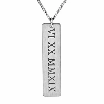 Fine Jewelry Personalized Brushed Roman Numeral Date Engraved Vertical Bar Pendant Necklace In White