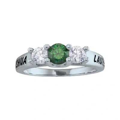 Fine Jewelry Personalized Simulated Birthstone And Cubic Zirconia 3-stone Engraved Ring In White
