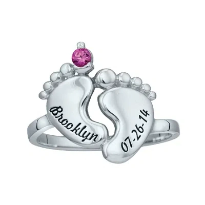 Fine Jewelry Personalized Simulated Birthstone Engraved Baby Feet Ring In White