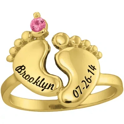 Fine Jewelry Personalized Simulated Birthstone Engraved Baby Feet Ring In Yellow