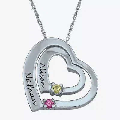 Fine Jewelry Personalized Simulated Birthstone Engraved Double Heart Pendant Necklace In White