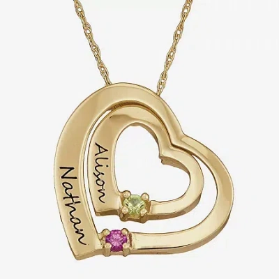 Fine Jewelry Personalized Simulated Birthstone Engraved Double Heart Pendant Necklace In Yellow