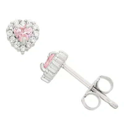 Fine Jewelry Kids' Pink Cubic Zirconia Sterling Silver 5.4mm Heart Stud Earrings In Metallic