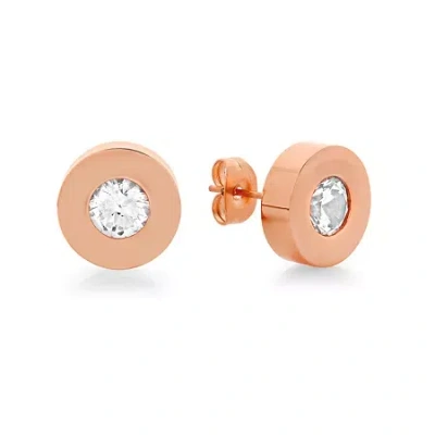 Fine Jewelry Round White Crystal 18k Rose-tone Stainless Steel Stud Earrings In Transparent