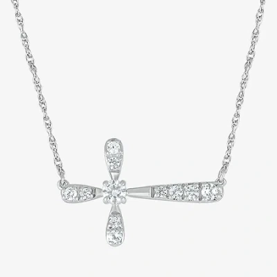 Fine Jewelry Sideways Womens Lab Created White Sapphire Sterling Silver Cross 18 Inch Pendant Necklace In Transparent
