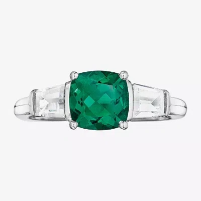 Fine Jewelry Simulated Emerald & Lab-created White Sapphire Sterling Silver 3-stone Ring In Transparent