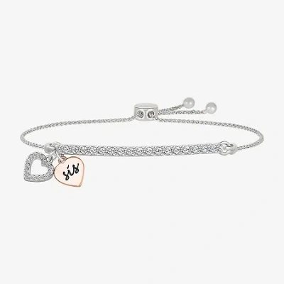 Fine Jewelry "sis" Womens Lab Created White Sapphire 10k Rose Gold Sterling Silver Heart Bolo Bracelet In Transparent