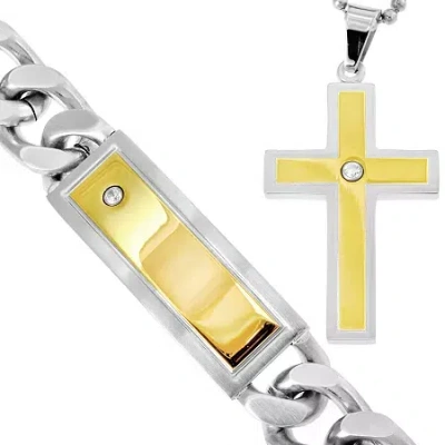 Fine Jewelry Stainless Steel & Cubic Zirconia Cross Pendant Necklace & Bracelet Set