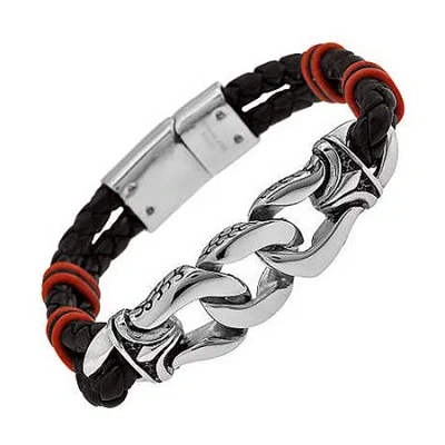 Fine Jewelry Stainless Steel Black Leather & Red Bead Mens Bracelet