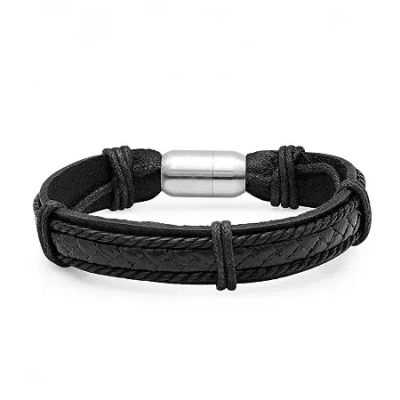 Fine Jewelry Steeltime Black Braided Leather Mens Stainless Steel Solid Hypoallergenic 8 1/2 Inch Link Bracelet In Transparent