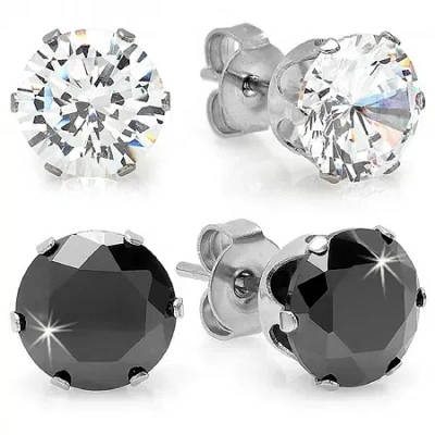 Fine Jewelry Steeltime Black Cubic Zirconia Stainless Steel 8mm Stud Earrings In Transparent