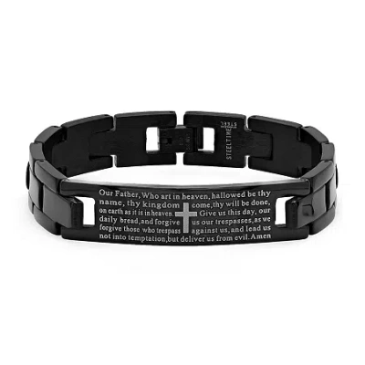 Fine Jewelry Steeltime Lord's Prayer Black Ion Plated Mens Stainless Steel Solid Hypoallergenic 8 Inch Link Brace In Transparent