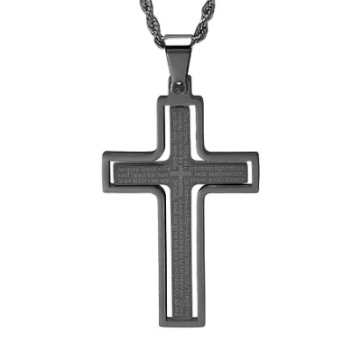 Fine Jewelry Steeltime Lord's Prayer Mens Stainless Steel Cross Hypoallergenic 24 Inch Pendant Necklace In Transparent