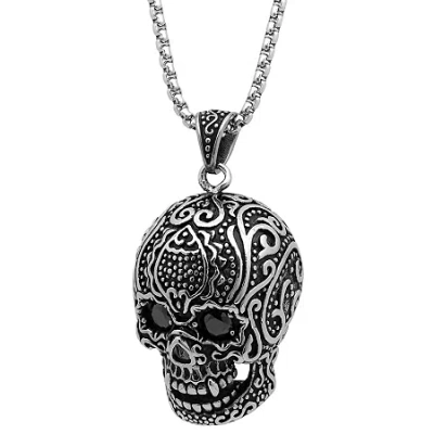Fine Jewelry Steeltime Mens Black Cubic Zirconia Stainless Steel Skull Hypoallergenic 36 Inch Pendant Necklace In Transparent