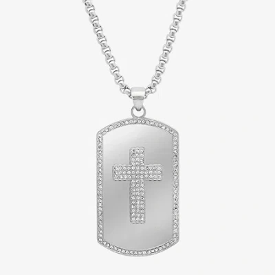 Fine Jewelry Steeltime Mens White Cubic Zirconia Stainless Steel Dog Tag Hypoallergenic 30 Inch Pendant Necklace In Transparent
