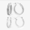 Fine Jewelry Sterling Silver Glitter And Polished Hoops 2 Piece Earrings Set In Transparent