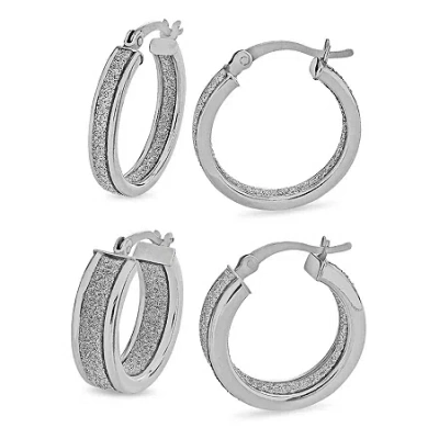 Fine Jewelry Sterling Silver Rhodium Glitter Hoop Earrings Set In Transparent