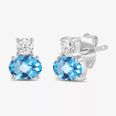 Fine Jewelry Toi Et Moi Genuine Gemstone & 1/5 Ct. T.w. Lab Grown Diamond 10k White Gold 7.2mm Oval Stud Earrings In Blue