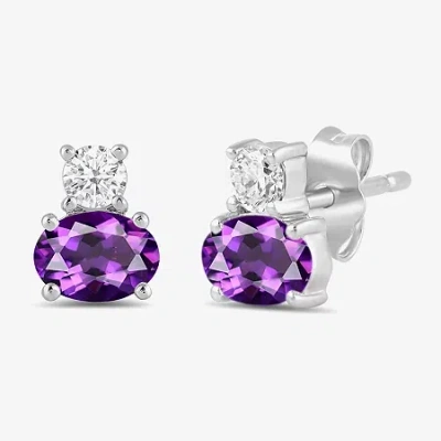 Fine Jewelry Toi Et Moi Genuine Gemstone & 1/5 Ct. T.w. Lab Grown Diamond 10k White Gold 7.2mm Oval Stud Earrings In Purple