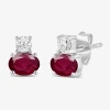 Fine Jewelry Toi Et Moi Genuine Gemstone & 1/5 Ct. T.w. Lab Grown Diamond 10k White Gold 7.2mm Oval Stud Earrings In Red