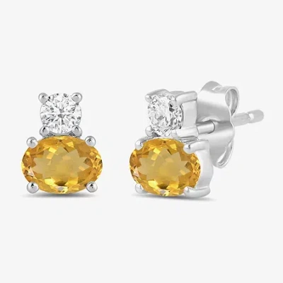 Fine Jewelry Toi Et Moi Genuine Gemstone & 1/5 Ct. T.w. Lab Grown Diamond 10k White Gold 7.2mm Oval Stud Earrings In Yellow