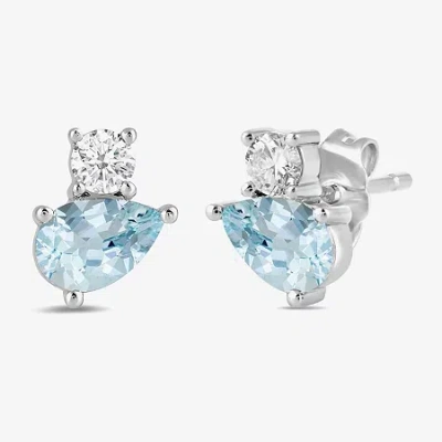 Fine Jewelry Toi Et Moi Genuine Gemstone & 1/5 Ct. T.w. Lab Grown Diamond 10k White Gold 8.1mm Pear Stud Earrings In Blue