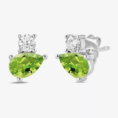 Fine Jewelry Toi Et Moi Genuine Gemstone & 1/5 Ct. T.w. Lab Grown Diamond 10k White Gold 8.1mm Pear Stud Earrings In Green