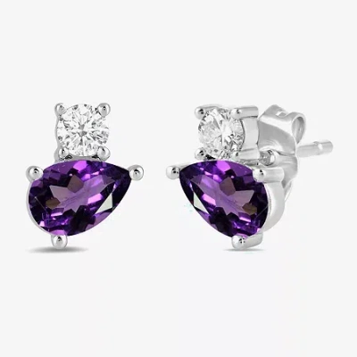 Fine Jewelry Toi Et Moi Genuine Gemstone & 1/5 Ct. T.w. Lab Grown Diamond 10k White Gold 8.1mm Pear Stud Earrings In Purple