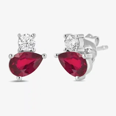 Fine Jewelry Toi Et Moi Genuine Gemstone & 1/5 Ct. T.w. Lab Grown Diamond 10k White Gold 8.1mm Pear Stud Earrings In Red