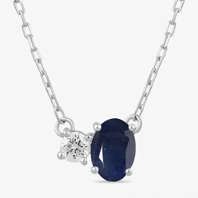 Fine Jewelry Toi Et Moi Womens Genuine Gemstone & 1/10 Ct. T.w. Lab Grown Diamond 10k White Gold Oval Pendant Nec In Blue