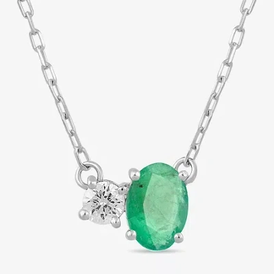 Fine Jewelry Toi Et Moi Womens Genuine Gemstone & 1/10 Ct. T.w. Lab Grown Diamond 10k White Gold Oval Pendant Nec In Green