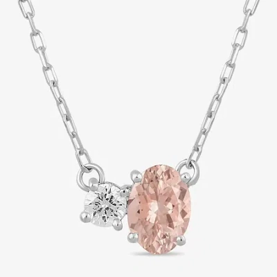 Fine Jewelry Toi Et Moi Womens Genuine Gemstone & 1/10 Ct. T.w. Lab Grown Diamond 10k White Gold Oval Pendant Nec In Pink