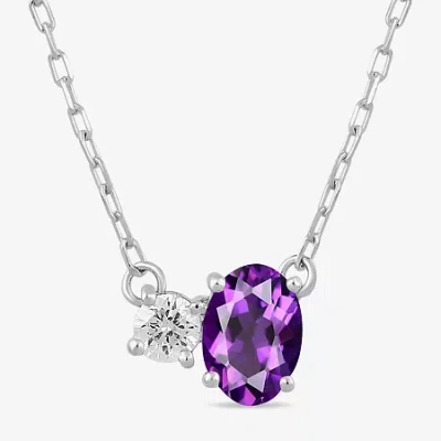Fine Jewelry Toi Et Moi Womens Genuine Gemstone & 1/10 Ct. T.w. Lab Grown Diamond 10k White Gold Oval Pendant Nec In Purple