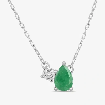 Fine Jewelry Toi Et Moi Womens Genuine Gemstone & 1/10 Ct. T.w. Lab Grown Diamond 10k White Gold Pear Pendant Nec In Green